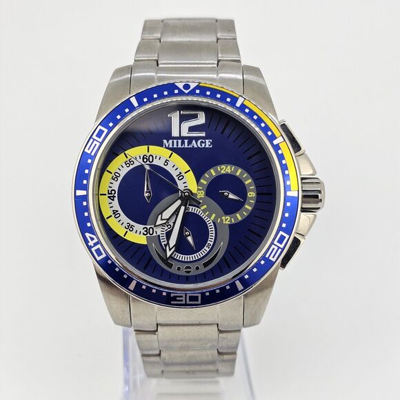 Millage Men's Watch 44MM Blue Dial Gray Bracelet Band 6.5" Wrist New Battery - Picture 1 of 13